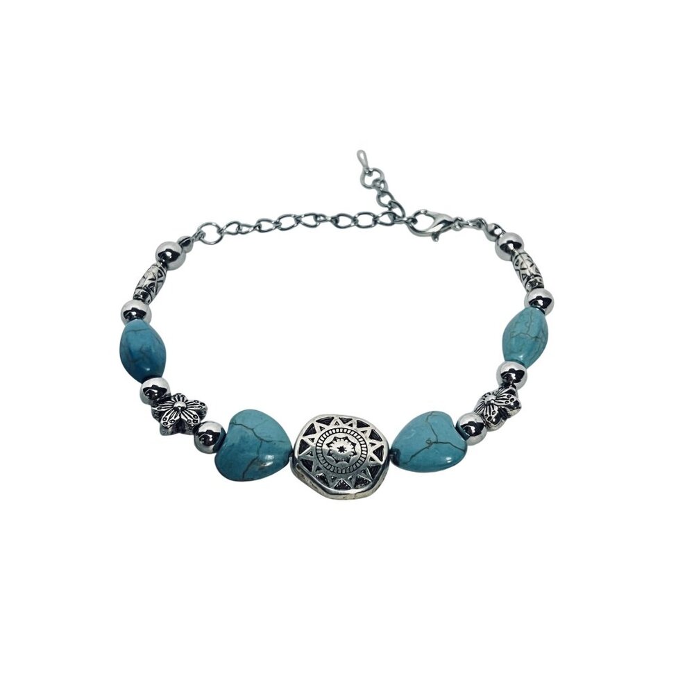 Silver Tone And Faux Turquois Boho Bracelet (6158)